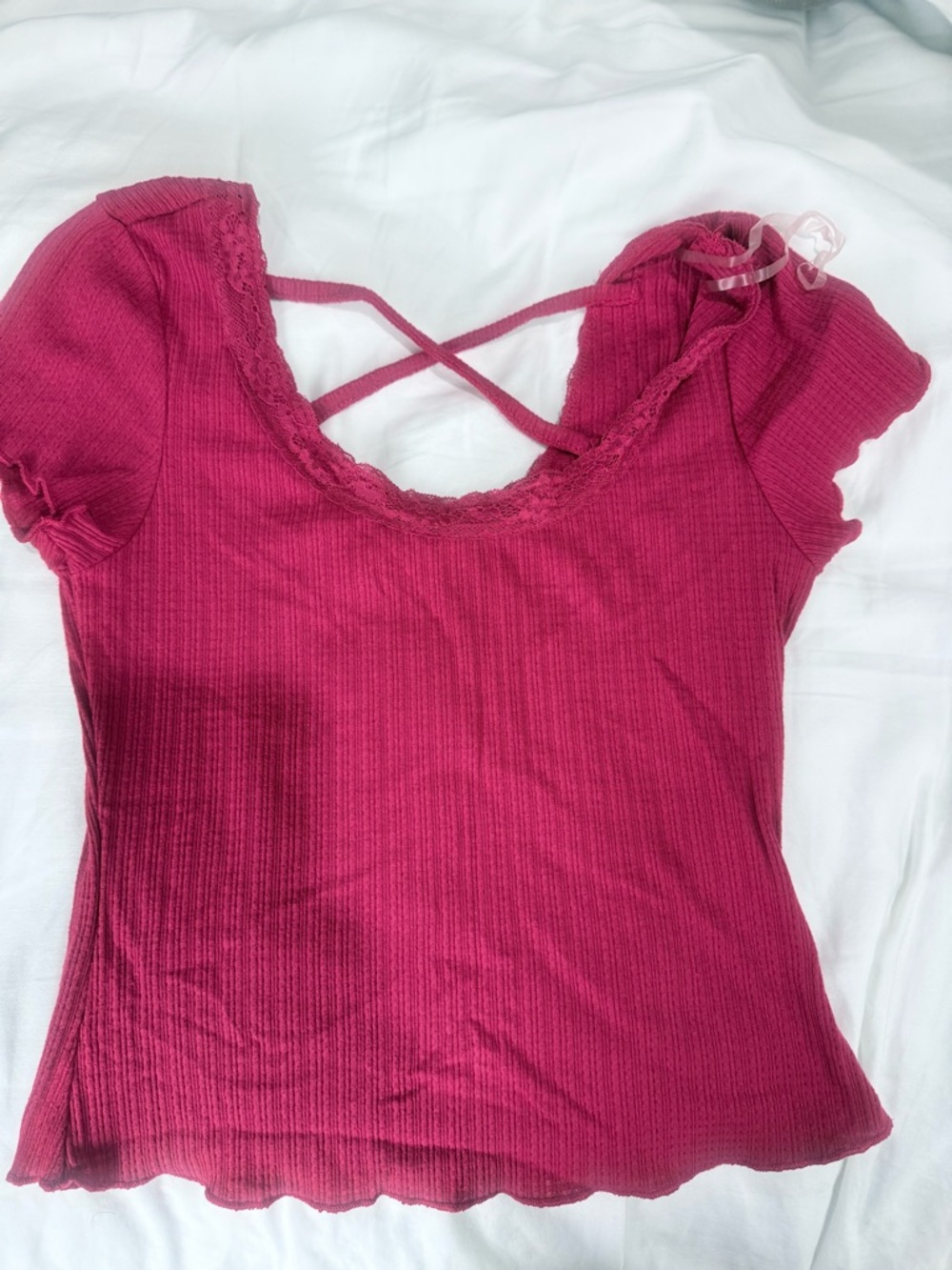 Macy's Ribbed Crisscross Short Sleeve Top in Berry Pink